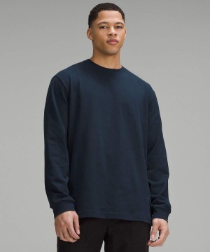 Camisa Manga Larga Lululemon Heavyweight Algodon Jersey Hombre Azul Marino Chile | 405WTGLUH