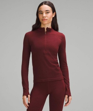 Camisa Manga Larga Lululemon Merino Lana-Blend Base Layer Half Zip Mujer Rojas Burdeos Chile | 348YQFJVD