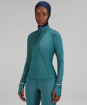 Camisa Manga Larga Lululemon Two-Tone Acanalado Correr Half Zip Mujer Verde Azules Chile | 853VIRPEC