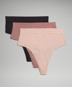 Ropa Interior Lululemon UnderEase Acanalado High-Cintura Tanga 3 Pack Mujer Negras Rosas Chile | 604DNEAOB