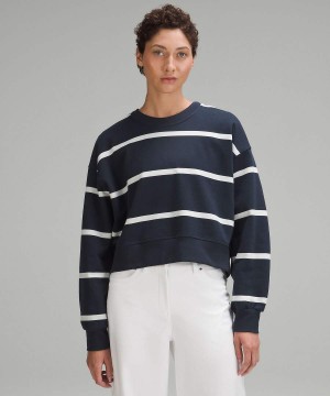 Sudaderas Lululemon Perfectly Oversized Cropped Crew Stripe Mujer Rayadas Azul Marino Blancas Chile | 460QMOIBR