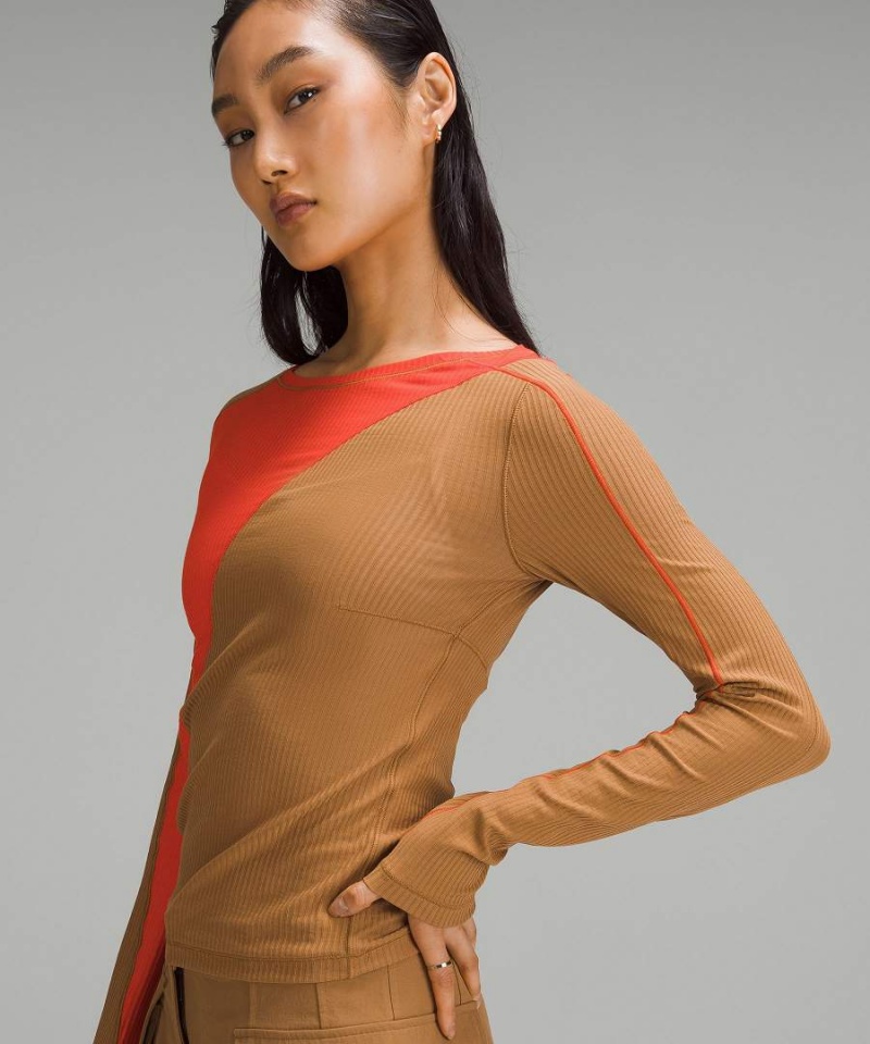 Camisa Manga Larga Lululemon Asymmetrical Acanalado Algodon Long-Sleeve Mujer Beige Naranjas Chile | 295XRGPDQ