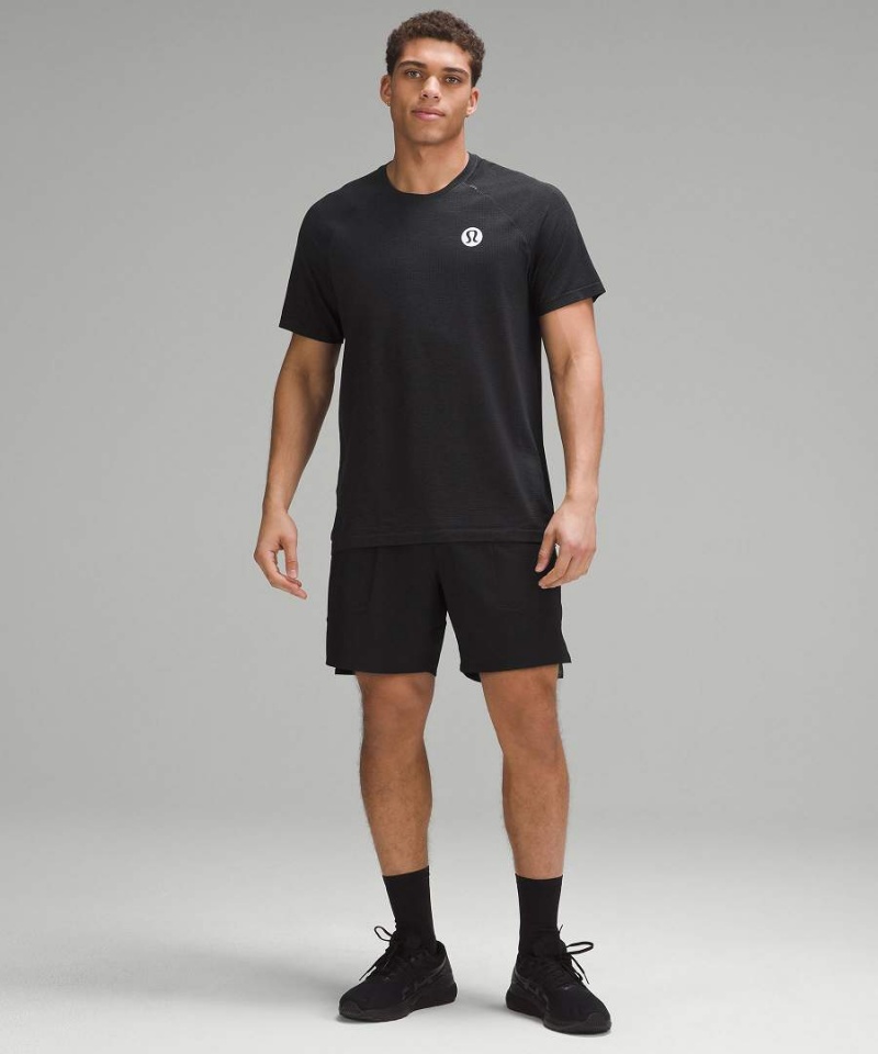Camiseta Lululemon Metal Vent Tech Corta-Sleeve Logo Hombre Gris Oscuro Negras Chile | 718OSQTWL