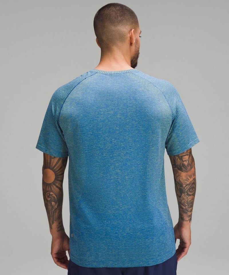 Camiseta Lululemon Metal Vent Tech Corta-Sleeve Hombre Amarillo Azules Chile | 607UFRYJN