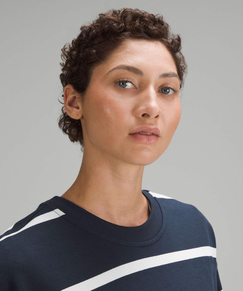 Sudaderas Lululemon Perfectly Oversized Cropped Crew Stripe Mujer Rayadas Azul Marino Blancas Chile | 460QMOIBR